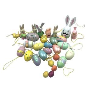Vintage Lot Wooden Easter Bunny Egg Ornaments Decor Pieces Pastel Birds Kitsch